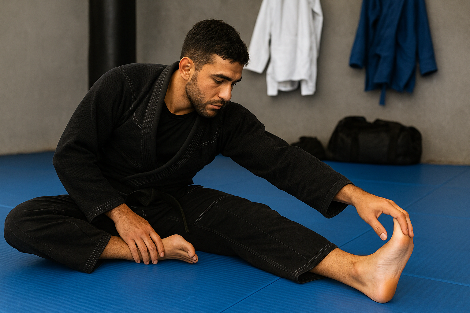 Jiu Jitsu practitioner sitting on mats stretching